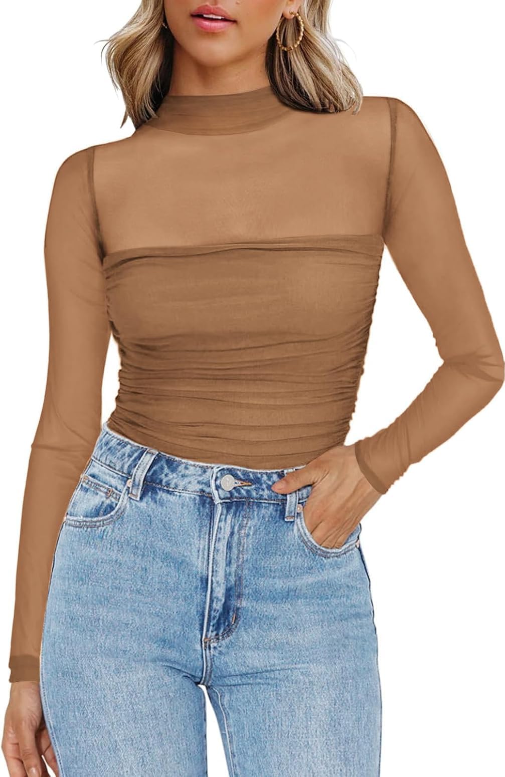 Zeagoo Women's Sexy Mock Turtle Neck Long Sleeve Tops Sheer Mesh Ruched Trendy Going Out Shirts Blouse