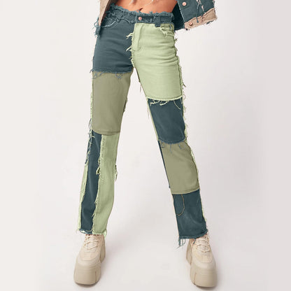Women's Patchwork Pants Hight Waist Distressed Straight Denim Jeans Wide Leg High Waisted Baggy Drawstring Sweat