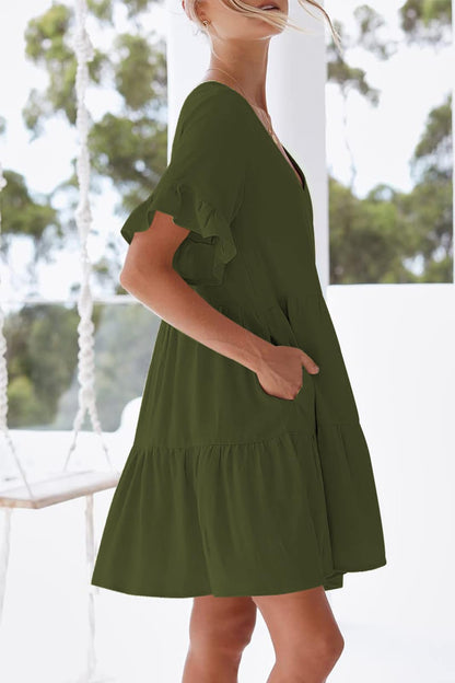 nclook Women's Summer Casual Dress Sweet & Cute V-Neck Mini Dress with Pocket Short Sleevele Ruffle Dress