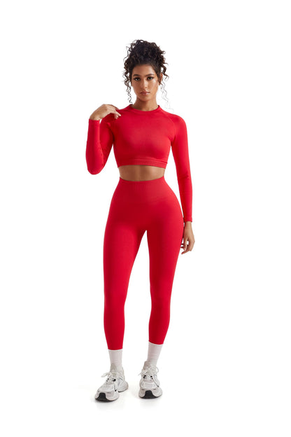 SUUKSESS Women Workout Sets Hidden Scrunch Butt Lifting Leggings Yoga Long Sleeve Crop Tops 2 Piece Outfits