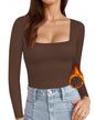 MANGOPOP Womens Square Neck T Shirts Long Sleeve Tops Fitted Tees