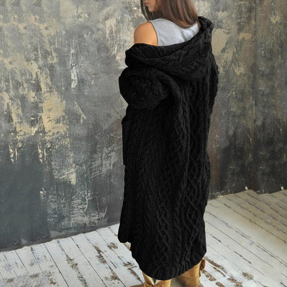 NIUBIA Womens Casual Long Sleeve Open Cardigan Warm Hooded Outwear Coat Cable Knit Long Cardigan Sweaters with Pockets