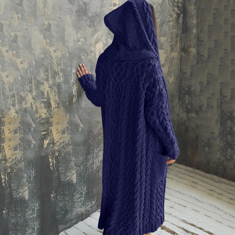 NIUBIA Womens Casual Long Sleeve Open Cardigan Warm Hooded Outwear Coat Cable Knit Long Cardigan Sweaters with Pockets