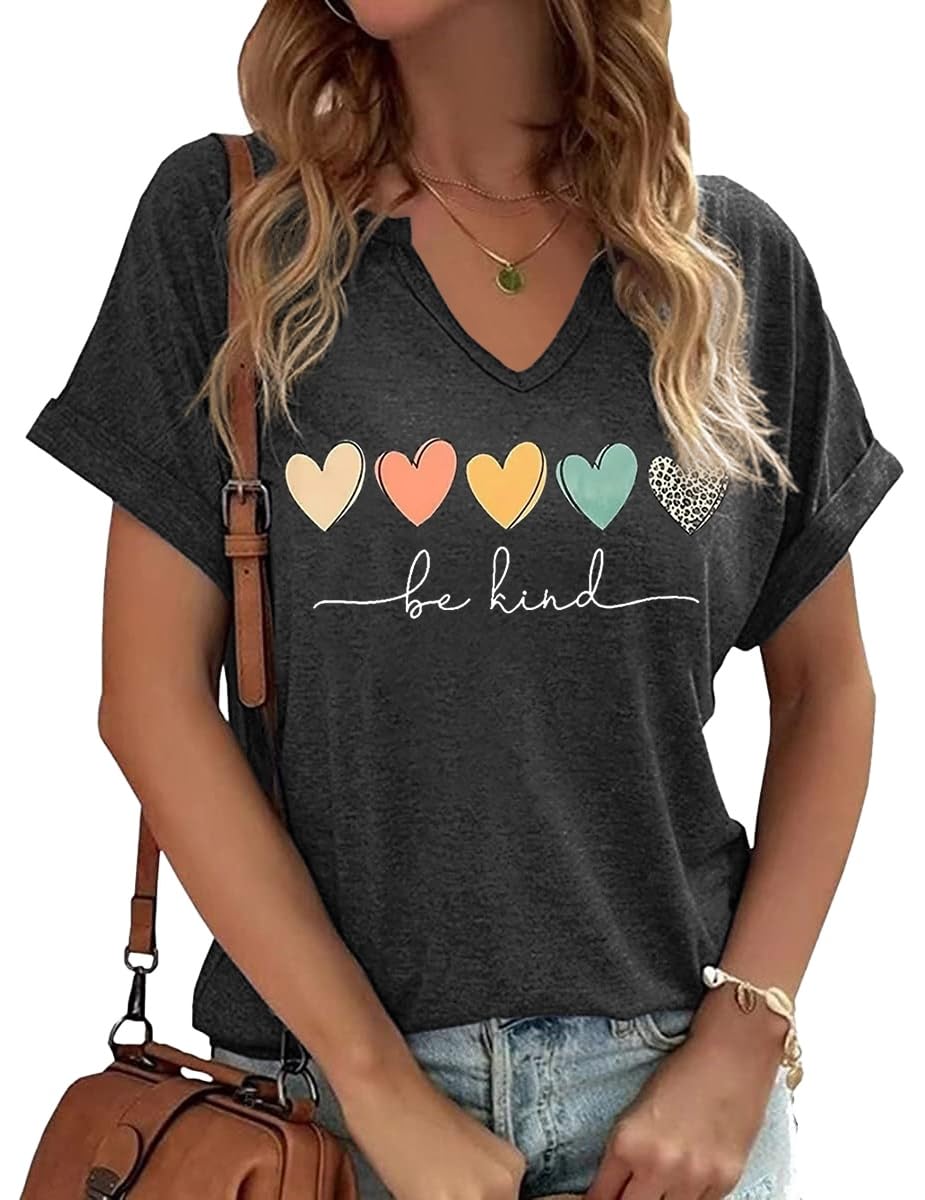 TIXOM Womens Summer V Neck Shirt Funny Letter Printed Graphic Short Sleeve Tee Casual Loose Fit Holiday Tops