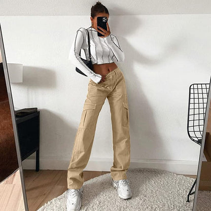 Lepunuo Cargo Pants for Women High Waisted Casual Pants Baggy Stretchy Wide Leg Y2K Streetwear with 6 Pockets
