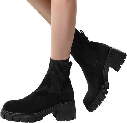 Ankle Boots for Women Faux Suede Chelsea Fashion Boots Elastic Thick Heel Chunky Block Lug Sole Platform Slip-on Booties