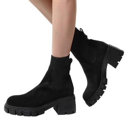 Ankle Boots for Women Faux Suede Chelsea Fashion Boots Elastic Thick Heel Chunky Block Lug Sole Platform Slip-on Booties