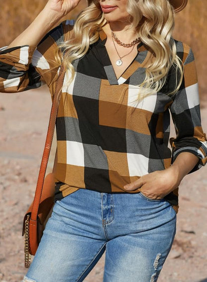 Dokotoo Womens Basic Casual V Neck Plaid Print Cotton Cuffed Long Sleeve Work Tops Blouses Shirts S-3XL