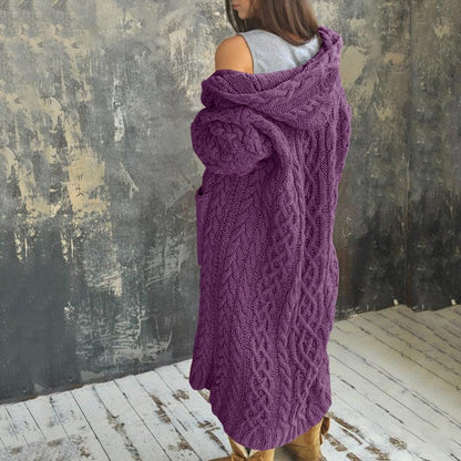 NIUBIA Womens Casual Long Sleeve Open Cardigan Warm Hooded Outwear Coat Cable Knit Long Cardigan Sweaters with Pockets