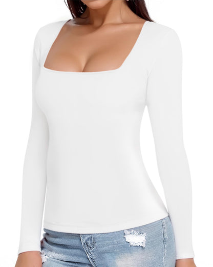 MANGOPOP Womens Square Neck T Shirts Long Sleeve Tops Fitted Tees