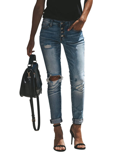 KUNMI Women's Ripped Mid Waisted Boyfriend Jeans Loose Fit Distressed Stretchy Denim Pants