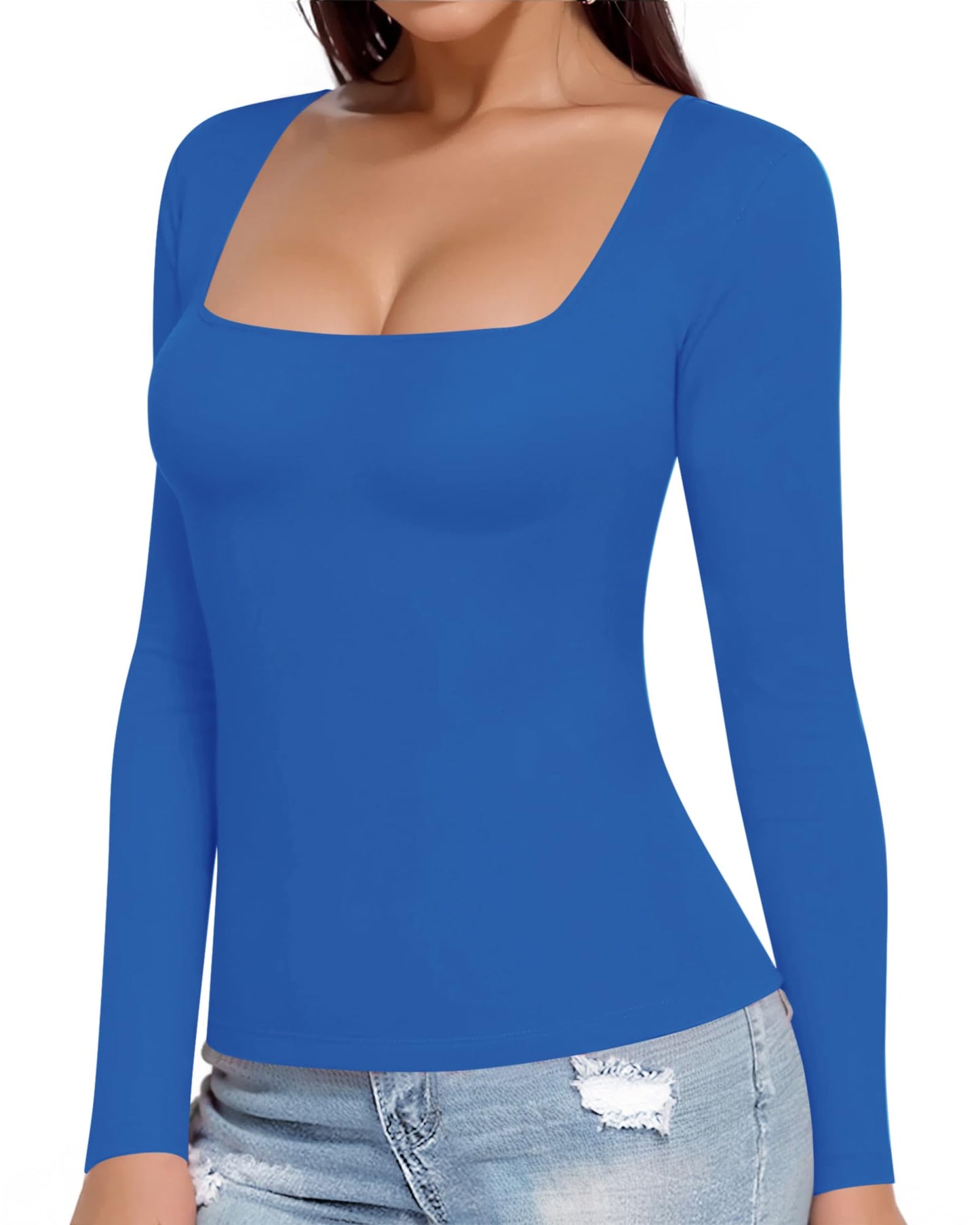 MANGOPOP Womens Square Neck T Shirts Long Sleeve Tops Fitted Tees