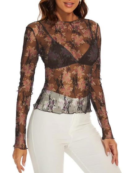 WIHOLL Womens Mesh Sheer Tops Sexy Crew Neck Summer Loose FIt Party Clubwear Shirts