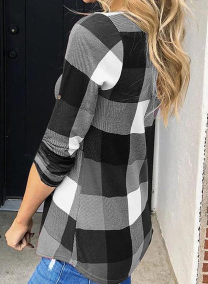 Dokotoo Womens Basic Casual V Neck Plaid Print Cotton Cuffed Long Sleeve Work Tops Blouses Shirts S-3XL