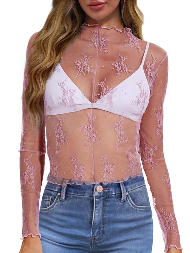 WIHOLL Womens Mesh Sheer Tops Sexy Crew Neck Summer Loose FIt Party Clubwear Shirts