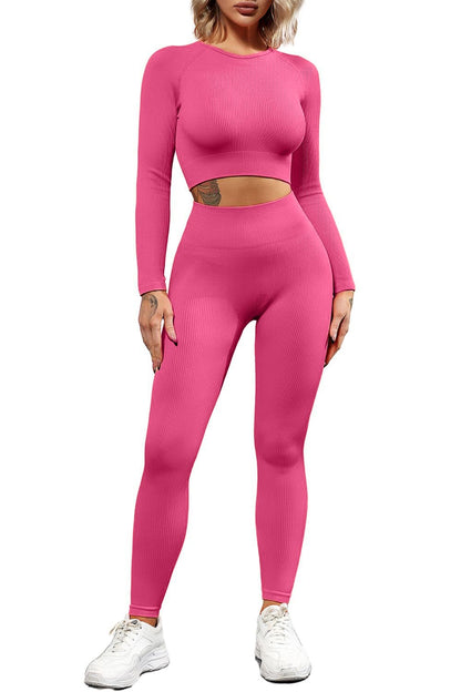 QINSEN Seamless Workout Outfits for Women 2 Piece Ribbed Long Sleeve Crop Top Tummy Control Leggings Sets