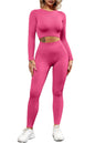 QINSEN Seamless Workout Outfits for Women 2 Piece Ribbed Long Sleeve Crop Top Tummy Control Leggings Sets