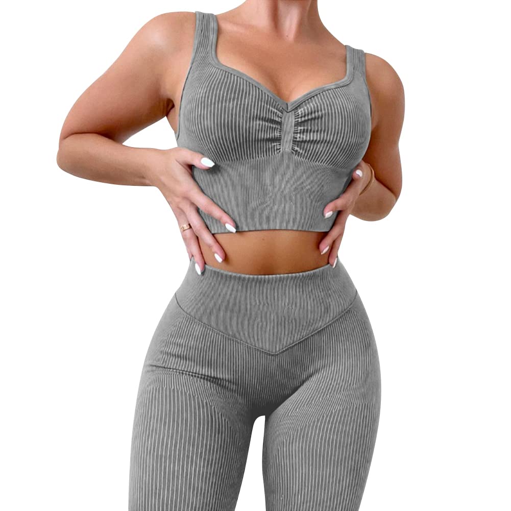 ABOCIW Workout Sets for Women 2 Piece Ribbed Seamless High Waist Scrunch Butt Leggings with Sport Bra Gym Yoga Outfits