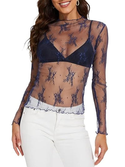 WIHOLL Womens Mesh Sheer Tops Sexy Crew Neck Summer Loose FIt Party Clubwear Shirts