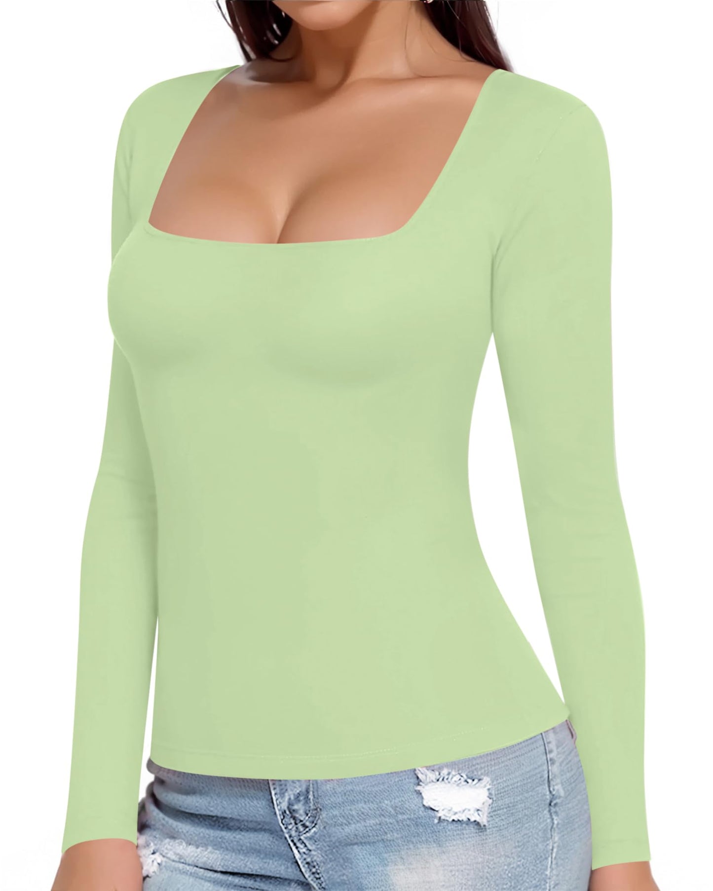 MANGOPOP Womens Square Neck T Shirts Long Sleeve Tops Fitted Tees