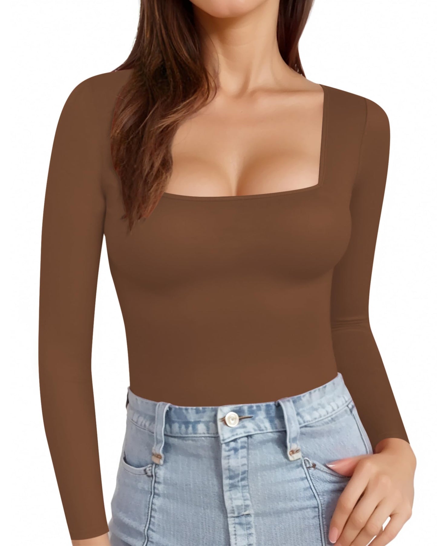 MANGOPOP Womens Square Neck T Shirts Long Sleeve Tops Fitted Tees
