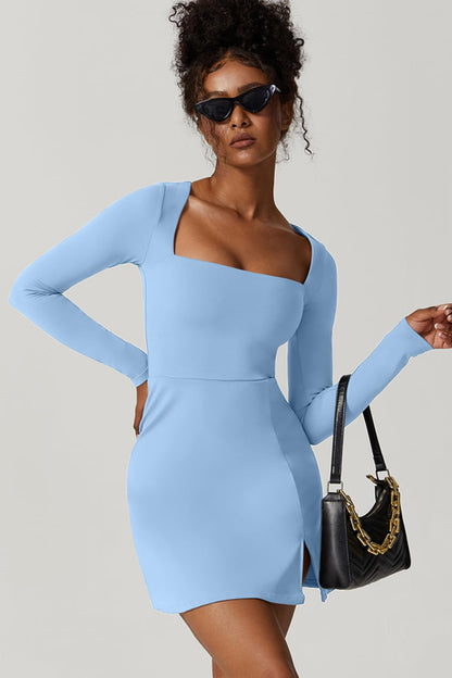 QINSEN Womens Square Neck Bodice Dress Long Sleeve Side Slit Flare Mini Dresses