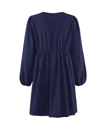 ZESICA Women's Dress Fall Long Puff Sleeve Self Tie Front Babydoll A Line Pleated Cute Mini Tunic Dresses 2025