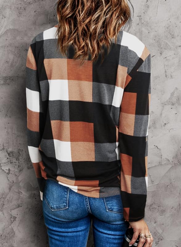 Dokotoo Womens Basic Casual V Neck Plaid Print Cotton Cuffed Long Sleeve Work Tops Blouses Shirts S-3XL