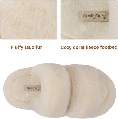 FamilyFairy Women's Fluffy Faux Fur Slippers Comfy Open Toe Two Band Slides with Fleece Lining and Rubber Sole