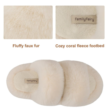 FamilyFairy Women's Fluffy Faux Fur Slippers Comfy Open Toe Two Band Slides with Fleece Lining and Rubber Sole