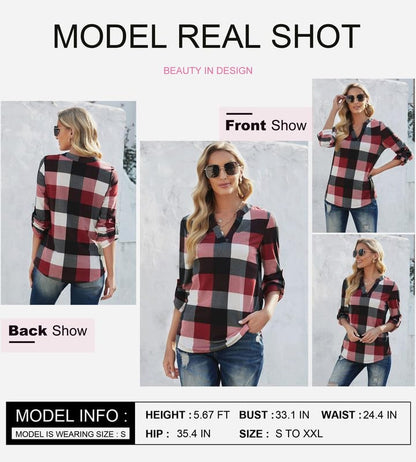 Dokotoo Womens Basic Casual V Neck Plaid Print Cotton Cuffed Long Sleeve Work Tops Blouses Shirts S-3XL