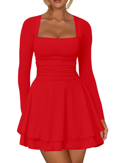 Kaximil Women's Square Neck Ruffle Hem Mini Dress Ruched Waist Long Sleeve Corset Short Party Dresses
