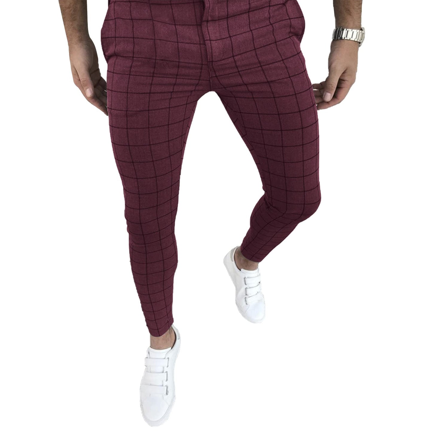 Men's Fashion Stretch Dress Pants Slim Fit Plaid Skinny Long Pants Casual Business Golf Dress Pants