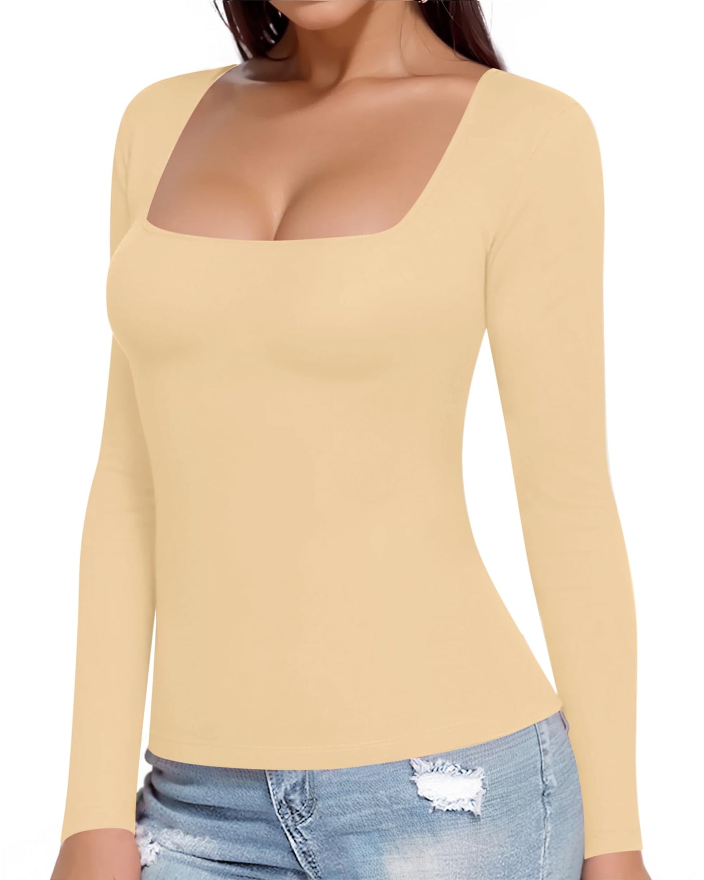 MANGOPOP Womens Square Neck T Shirts Long Sleeve Tops Fitted Tees