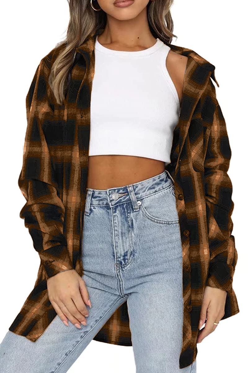 CHYRII Womens Button Down Flannel Shirts Long Sleeve Plaid Shackets Business Casual Blouse Top