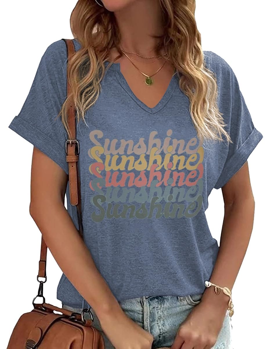 TIXOM Womens Summer V Neck Shirt Funny Letter Printed Graphic Short Sleeve Tee Casual Loose Fit Holiday Tops