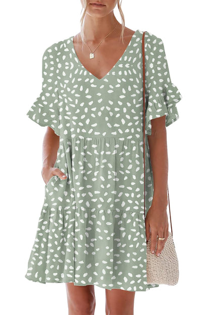 nclook Women's Summer Casual Dress Sweet & Cute V-Neck Mini Dress with Pocket Short Sleevele Ruffle Dress