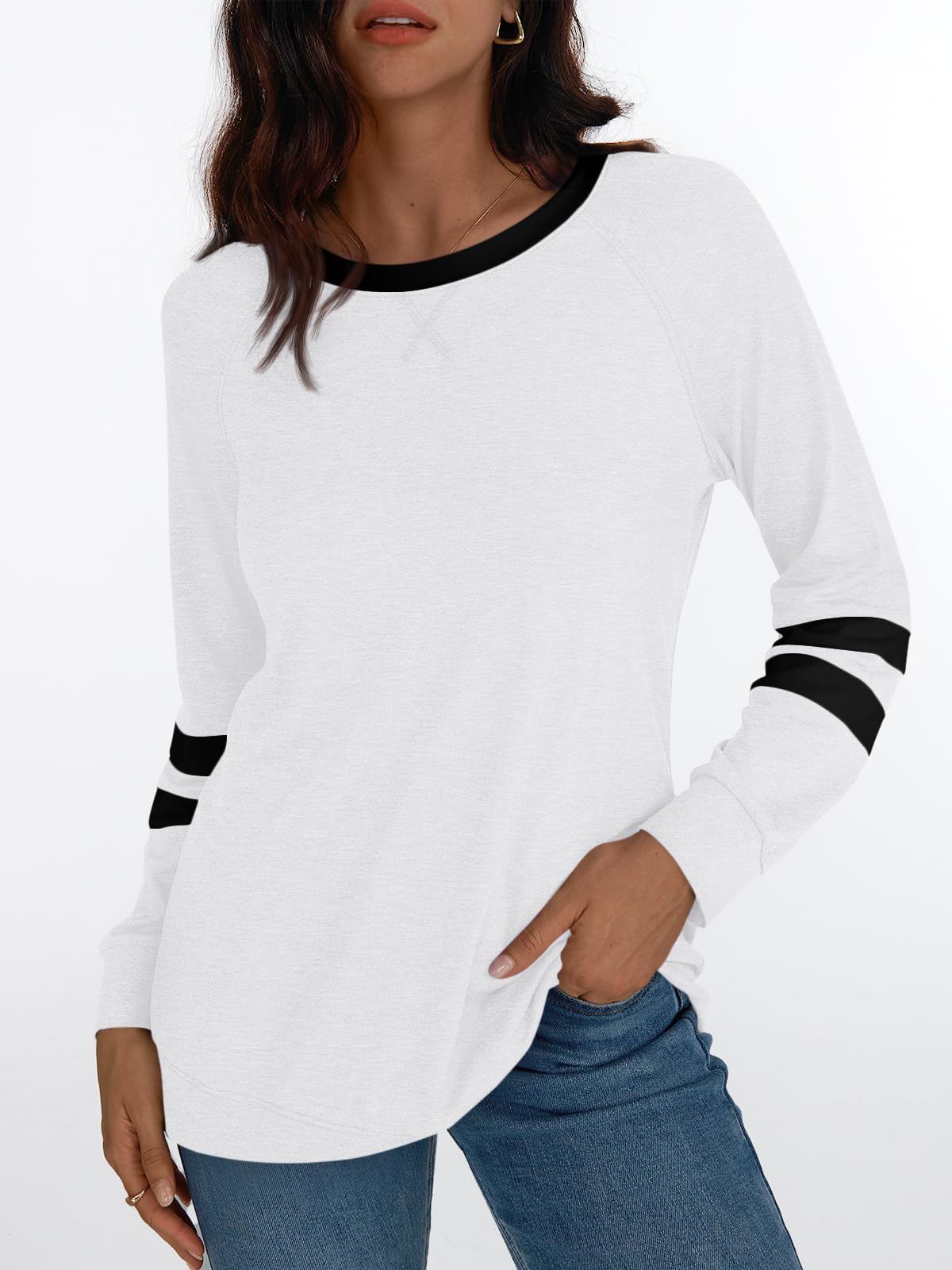 AUTOMET Womens Long Sleeve Shirts Color Block Casual Crewneck Tops Tshirt Basic Tees Fall Fashion Clothes Trendy Outfits