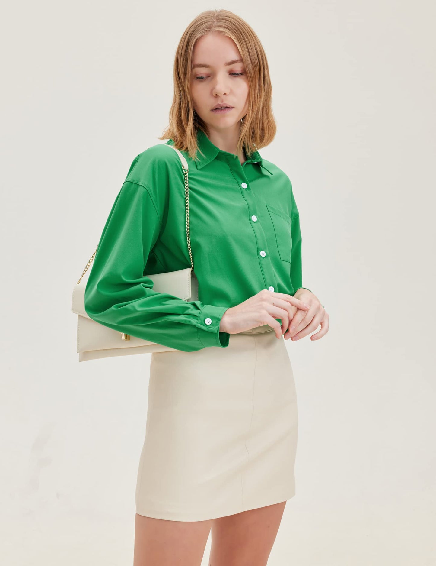 HOTOUCH Women Oversized Button Down Shirts Office Drop Shoulder Blouse Long Sleeve Boyfriend Dress Shirt with Pockets