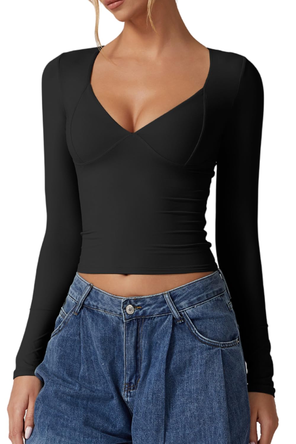 QINSEN Women's Long Sleeve V Neck T Shirts Double Lined Crop Top Seamed Cup Going Out Tops