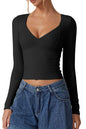 QINSEN Women's Long Sleeve V Neck T Shirts Double Lined Crop Top Seamed Cup Going Out Tops