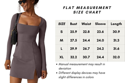 QINSEN Womens Square Neck Bodice Dress Long Sleeve Side Slit Flare Mini Dresses