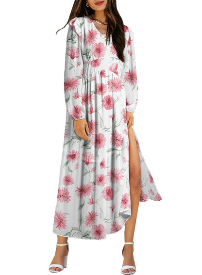 BLENCOT Womens Casual Boho Deep V Neck Short Sleeve Long Dress