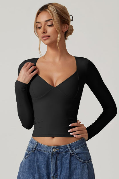 QINSEN Women's Long Sleeve V Neck T Shirts Double Lined Crop Top Seamed Cup Going Out Tops