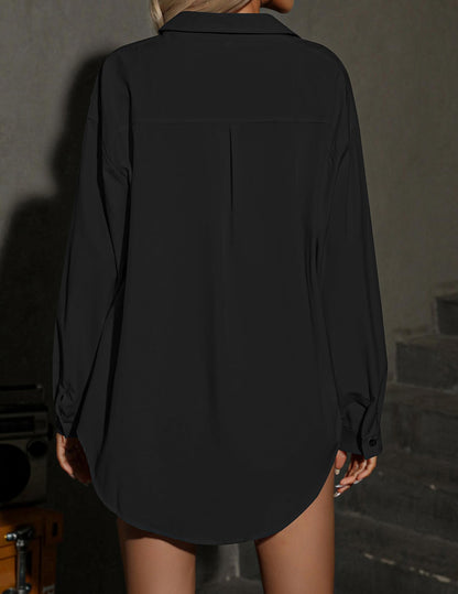 HOTOUCH Women Oversized Button Down Shirts Office Drop Shoulder Blouse Long Sleeve Boyfriend Dress Shirt with Pockets