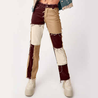 Women's Patchwork Pants Hight Waist Distressed Straight Denim Jeans Wide Leg High Waisted Baggy Drawstring Sweat