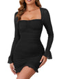 Women's Sheer Long Sleeve Sequin Bodycon Mini Dress Sexy Sparkly Ruched Mesh Party Going Out Dresses