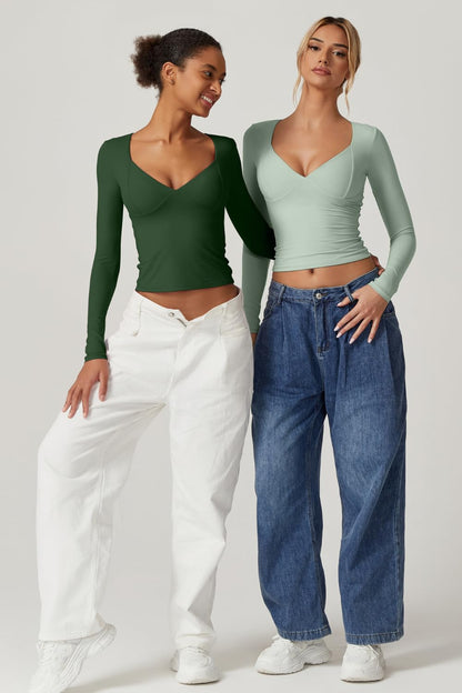 QINSEN Women's Long Sleeve V Neck T Shirts Double Lined Crop Top Seamed Cup Going Out Tops