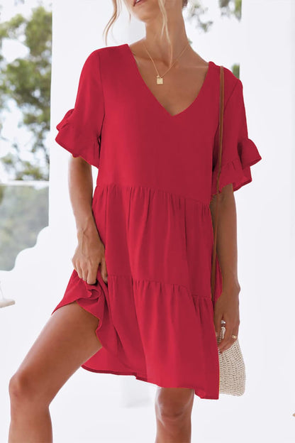 nclook Women's Summer Casual Dress Sweet & Cute V-Neck Mini Dress with Pocket Short Sleevele Ruffle Dress