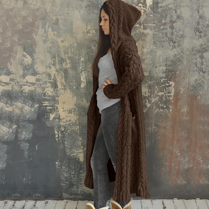 NIUBIA Womens Casual Long Sleeve Open Cardigan Warm Hooded Outwear Coat Cable Knit Long Cardigan Sweaters with Pockets